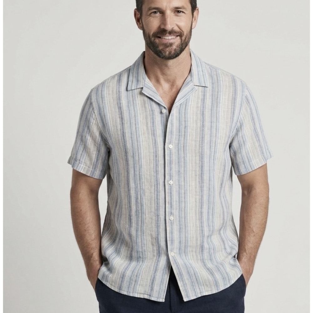 Banana Republic Mens XXL Tall Linen Striped Resort Shirt Blue Short Sleeve